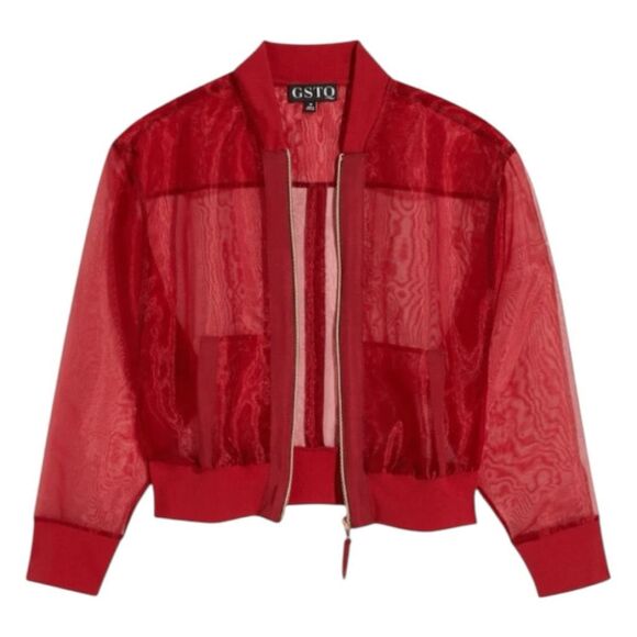 GSTQ Sheer Bomber Jacket In Port Red Mesh Organza S - Picture 1 of 11